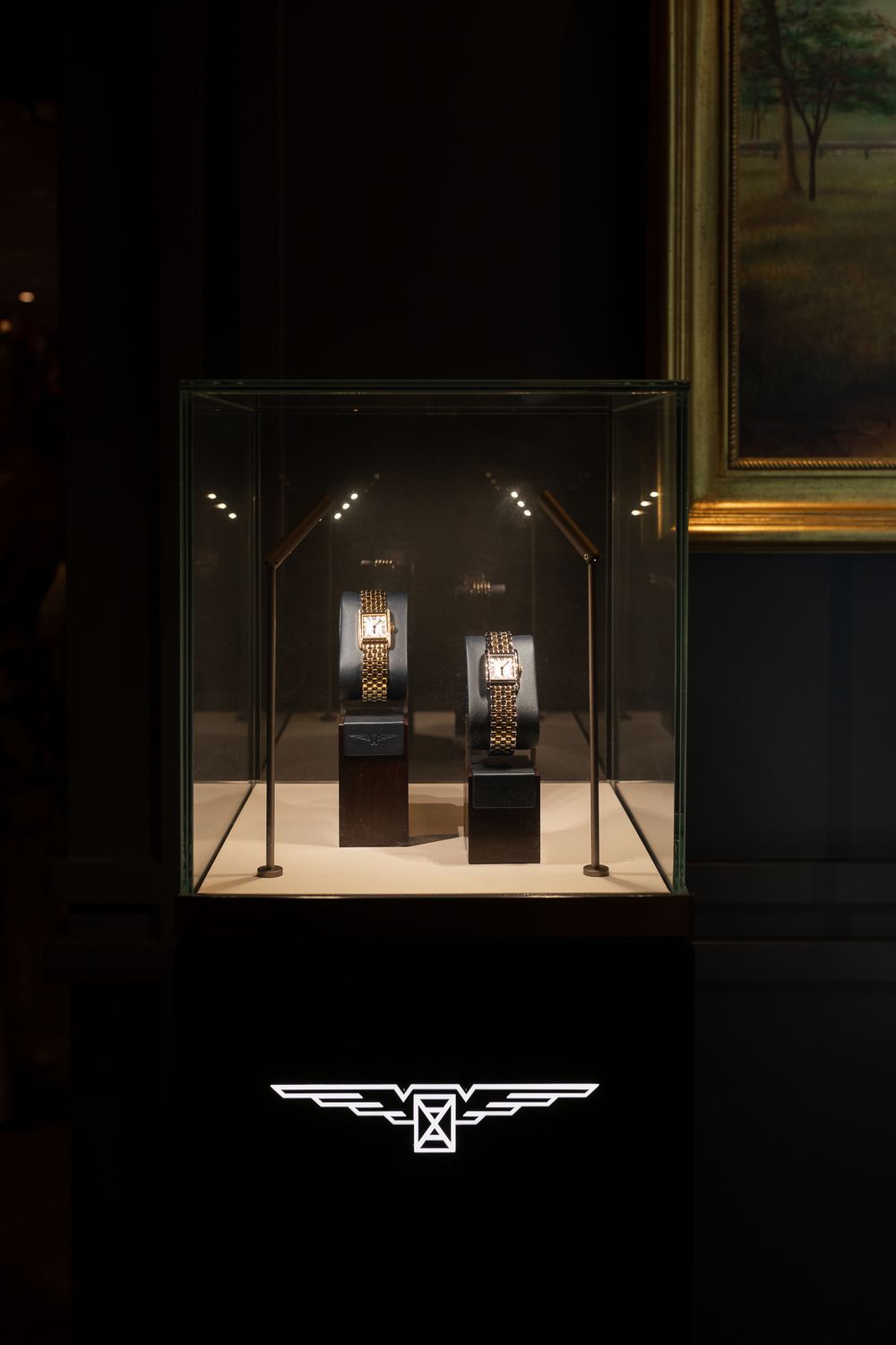 Two luxury watches displayed on pedestals inside an illuminated glass showcase case with a branded logo below.