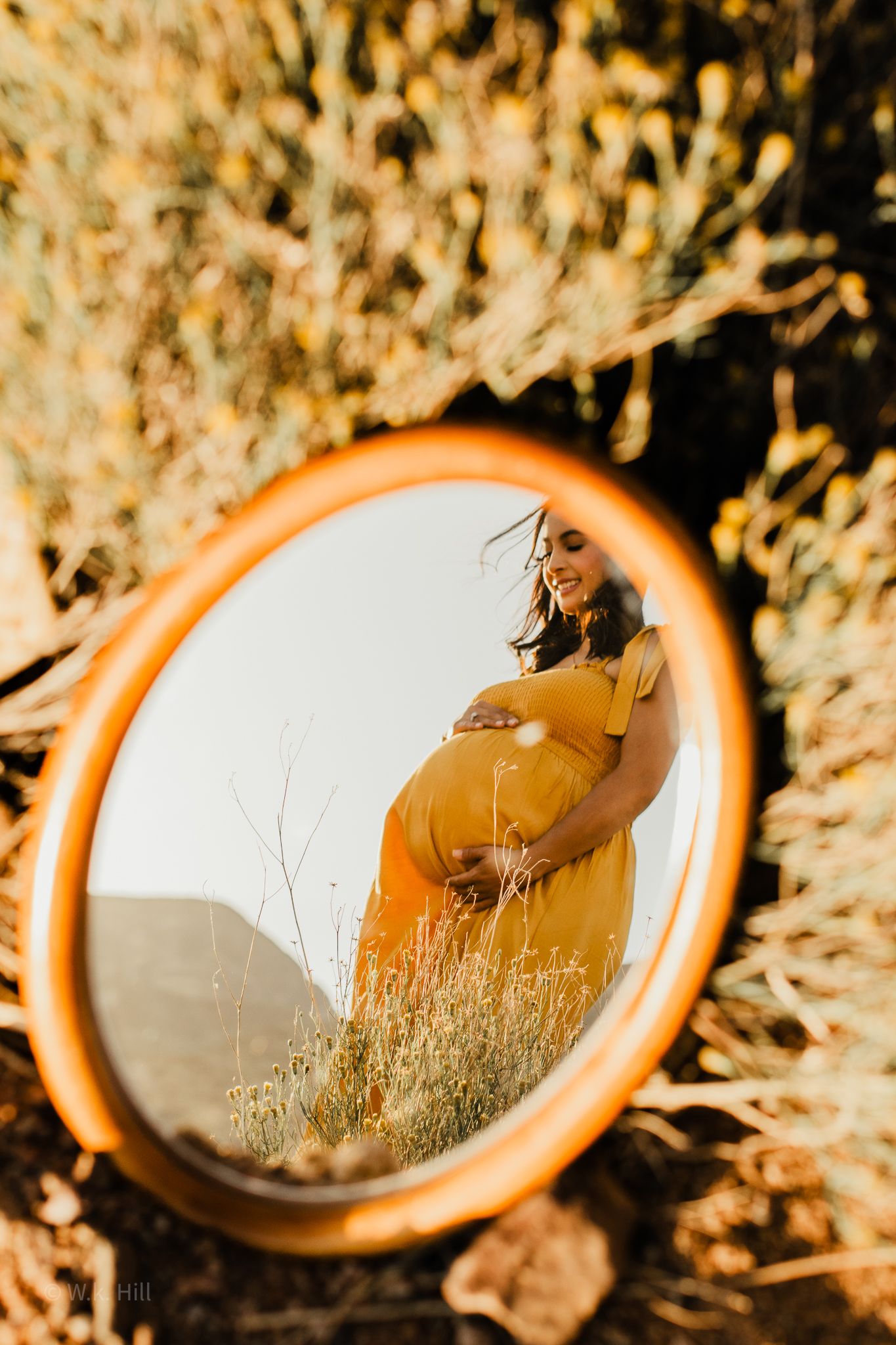 A reflection in an orange mirror shows a pregnant figure standing in golden dried grass.