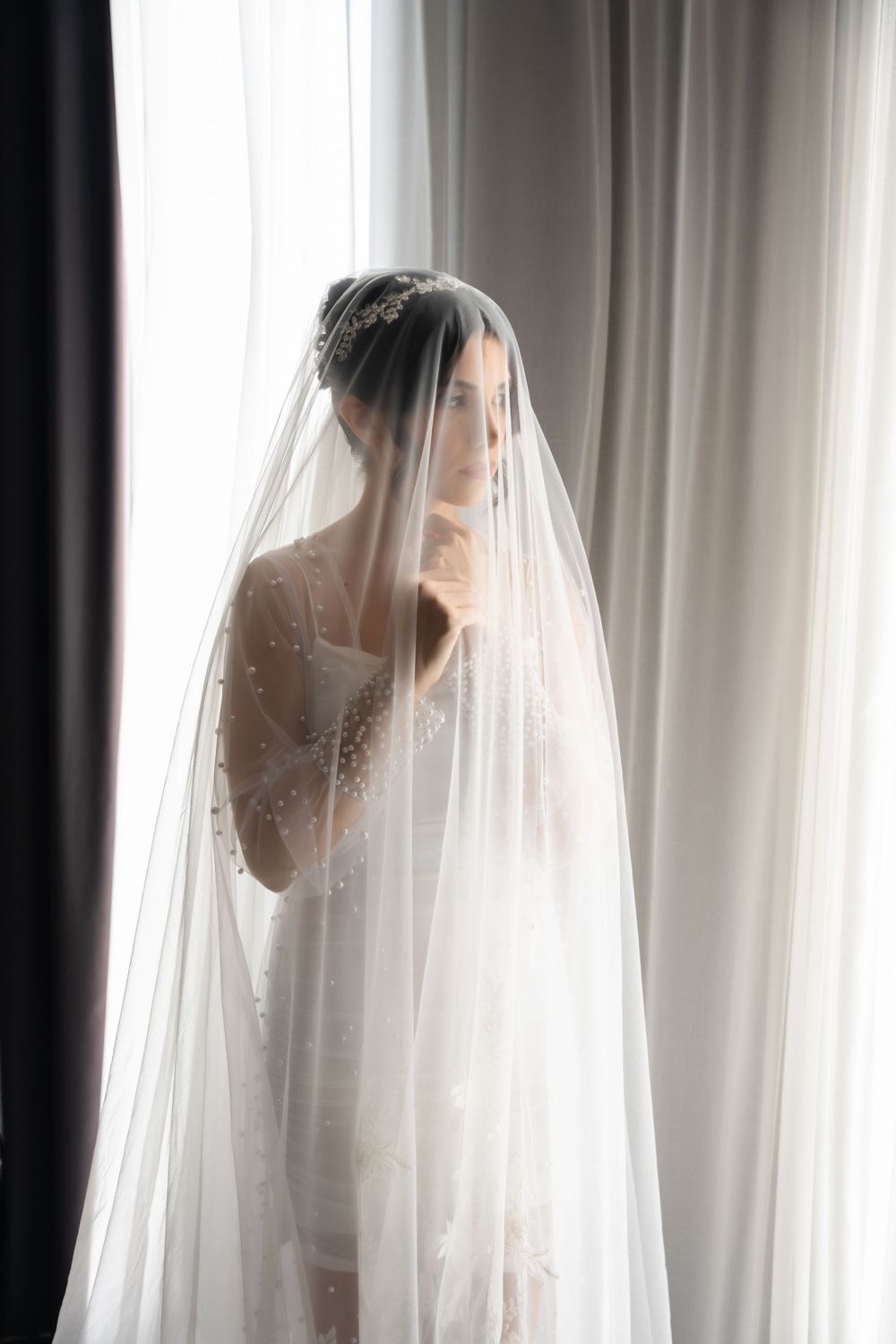 Ethereal bridal portrait behind a delicate veil against soft window light.