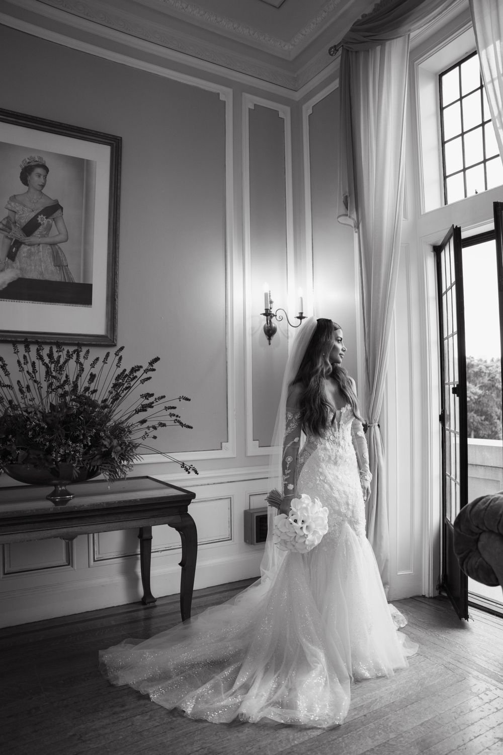 A sequence of elegant wedding dress photos showing dramatic window lighting in a classic white interior.