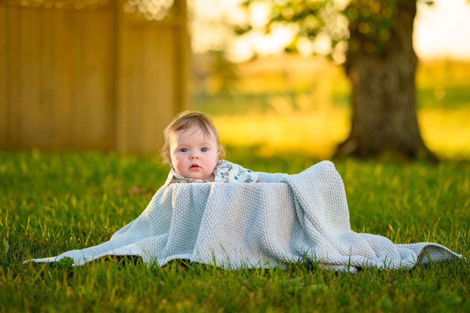 Baby wrapped in light blue blanket sits on grass during golden sunset hour.