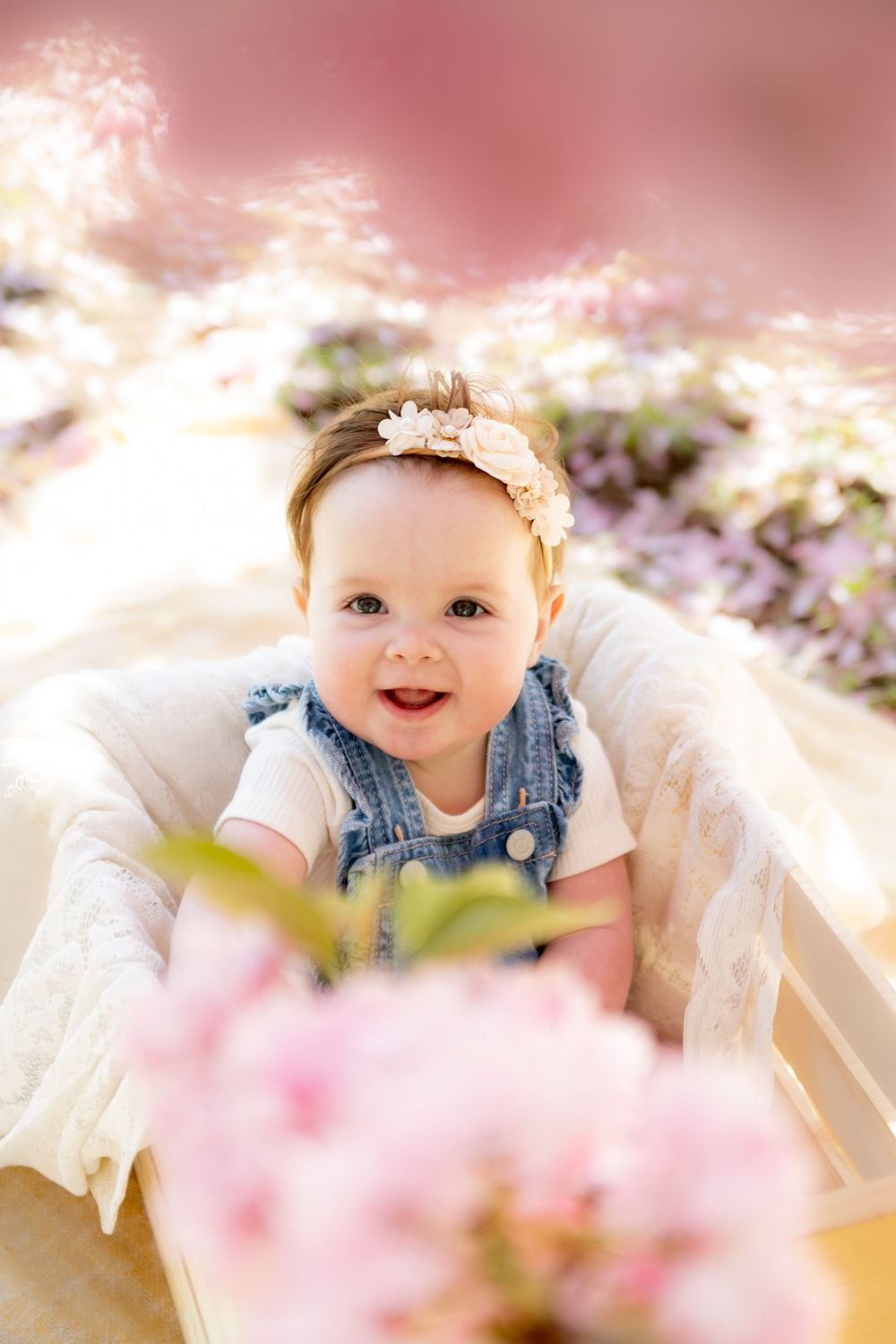 Smiling baby wearing denim overalls and floral headband sits in basket surrounded by soft pink blossoms and dreamy lighting.
