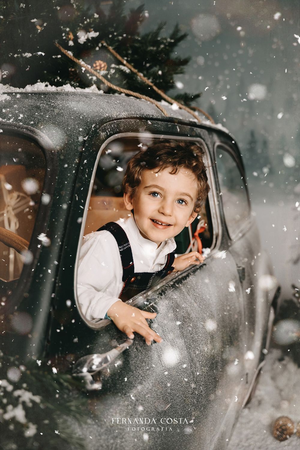 Winter portrait through a vintage car window with falling snow.