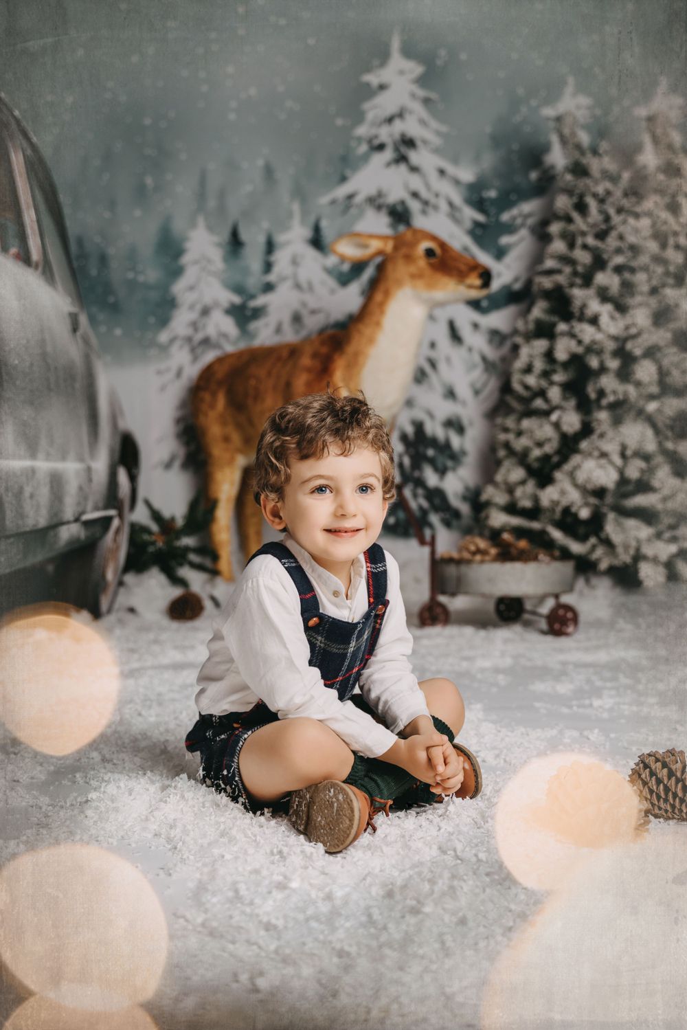Festive winter portrait with snow-covered trees and a decorative deer in the background.