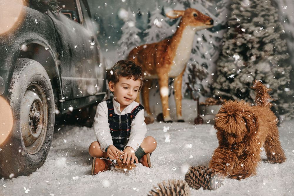 Child sitting in snow with a vintage car, deer decoration, and furry brown dog.