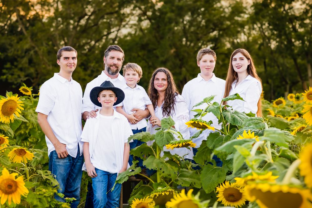 Family group poses together in white shirts among tall sunflowers at sunset.