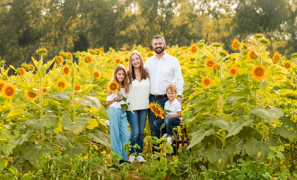 A family stands together in a vibrant field of blooming sunflowers on a sunny summer evening.
