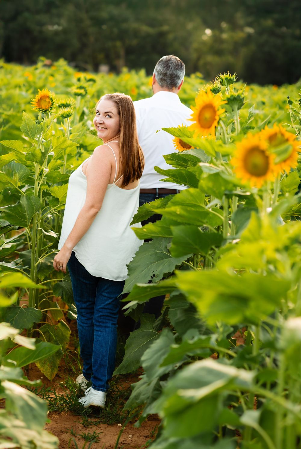 Colorful sunflower field on a summer day with people exploring among the tall yellow blooms.