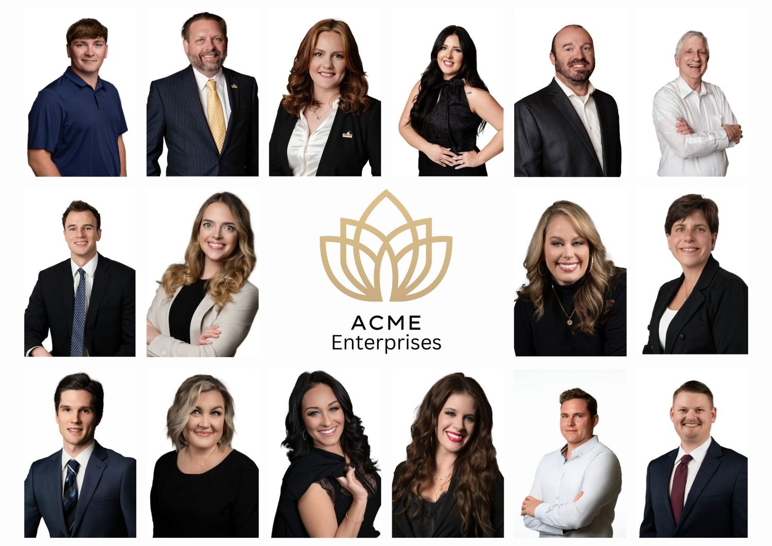 Professional corporate team photo layout with gold lotus logo for ACME Enterprises.