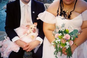 Close-up details of wedding couple with pink and white floral bouquet.