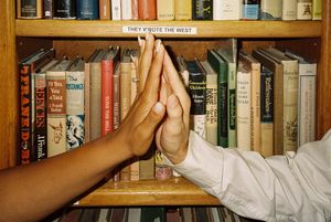 Bookshelves filled with hardcover books create a warm library atmosphere.