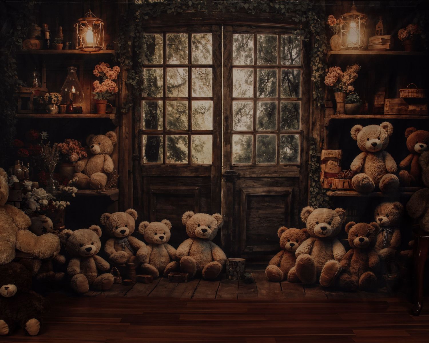 Cozy vintage room filled with teddy bears on wooden shelves and floor near a rustic window with warm glowing light.