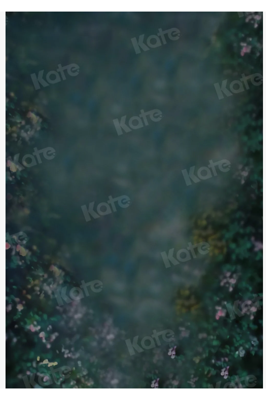 Dark teal abstract photography backdrop with lush green foliage borders and soft bokeh center for portraits.