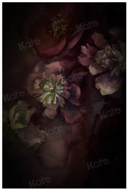 Dark floral painting backdrop featuring moody burgundy and purple blooms with dramatic lighting by Kate Backdrops.