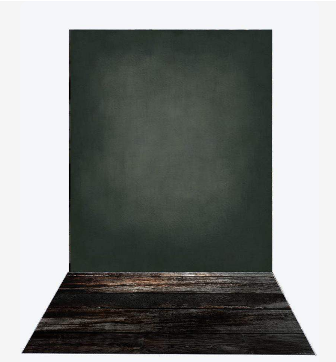 Dark green mottled photography backdrop with rustic dark wood floor panel for professional photo shoots.