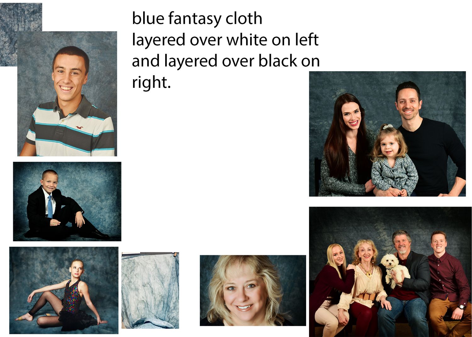 Blue fantasy cloth backdrop samples layered over white and black backgrounds for professional portrait photography studio setups.