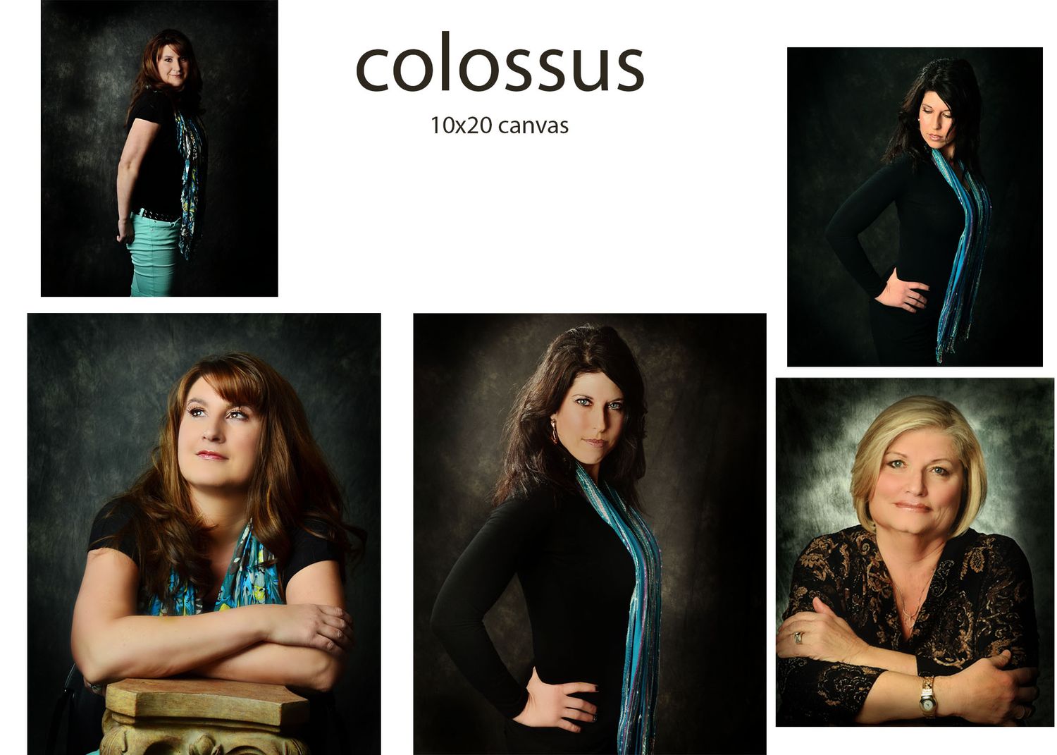 Five professional portrait photos of women on dark backgrounds, displayed as a 10x20 canvas collage titled Colossus.