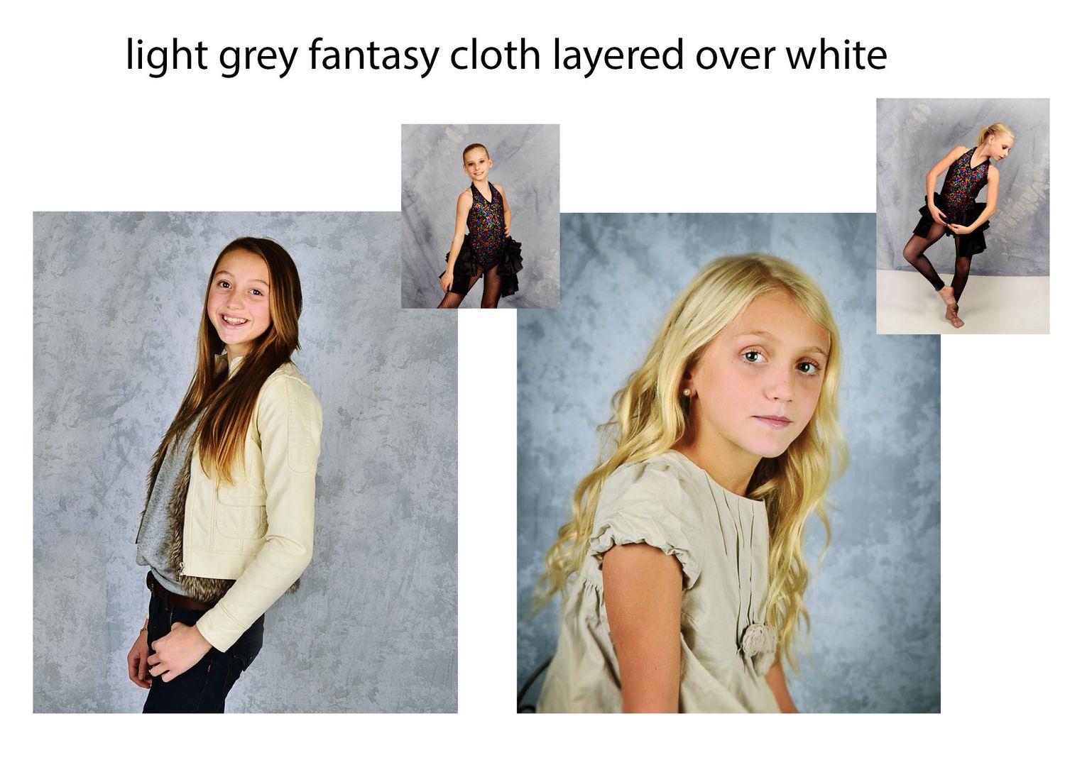 Young blonde girl poses in light grey fantasy cloth layered over white backdrop in professional studio portrait.