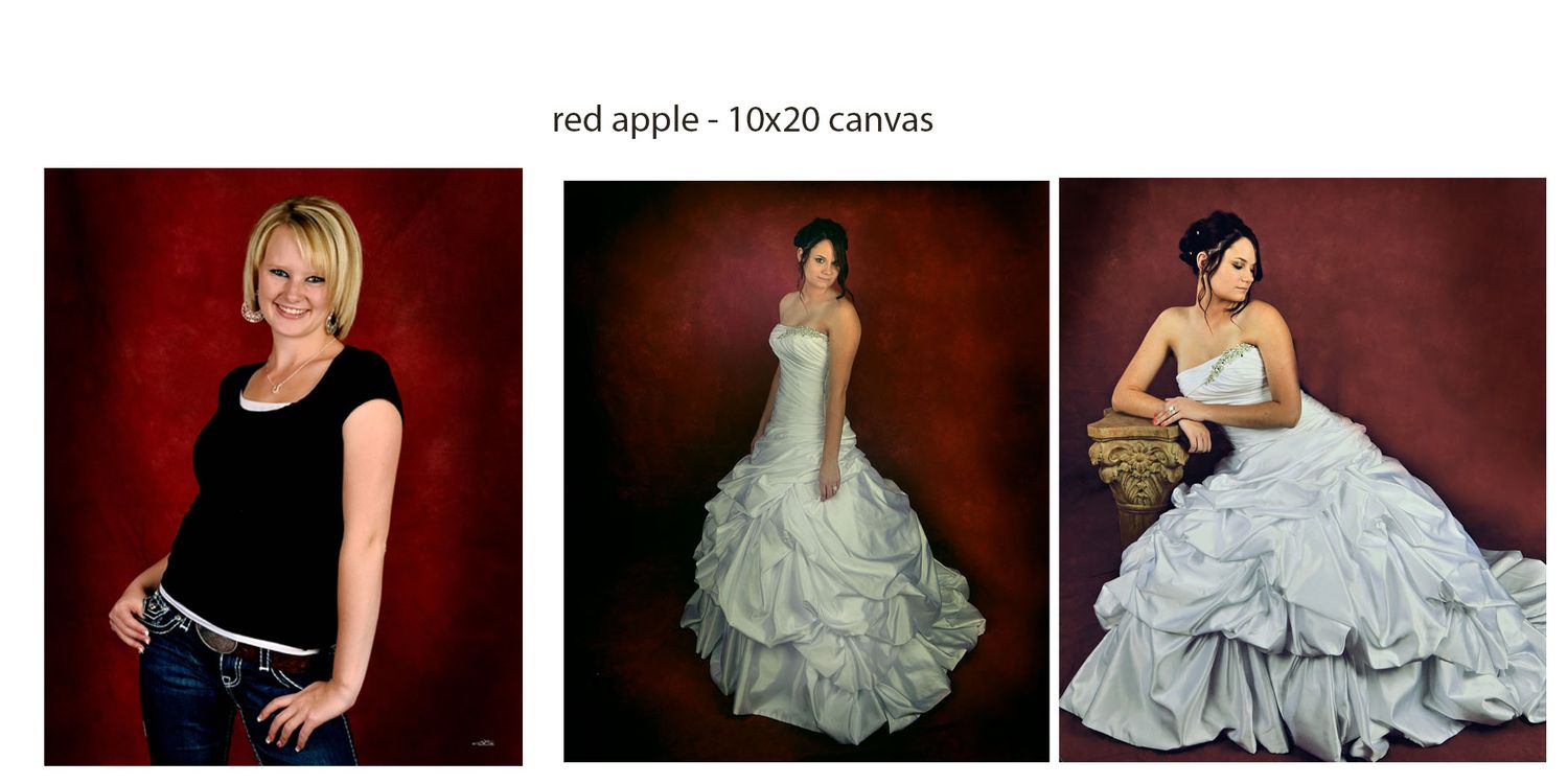 Three portrait photos on red apple 10x20 canvas featuring a blonde woman, a bride in white gown, and a woman in ruffled dress.