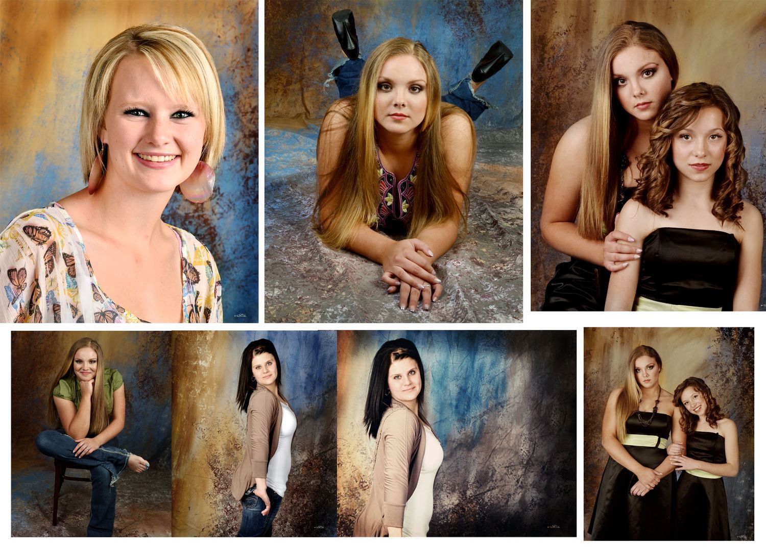 Collage of professional studio portrait photos featuring young women posing against artistic painted backgrounds.