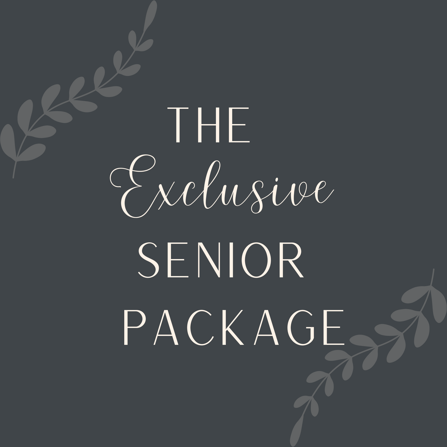 Gray elegant design template displaying 'The Exclusive Senior Package' text with decorative leaves.