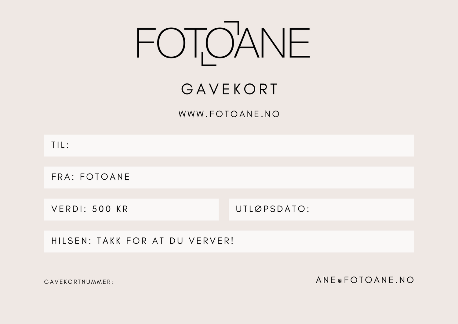 A gift certificate template for Fotoåne with blank fields on a light pink background.