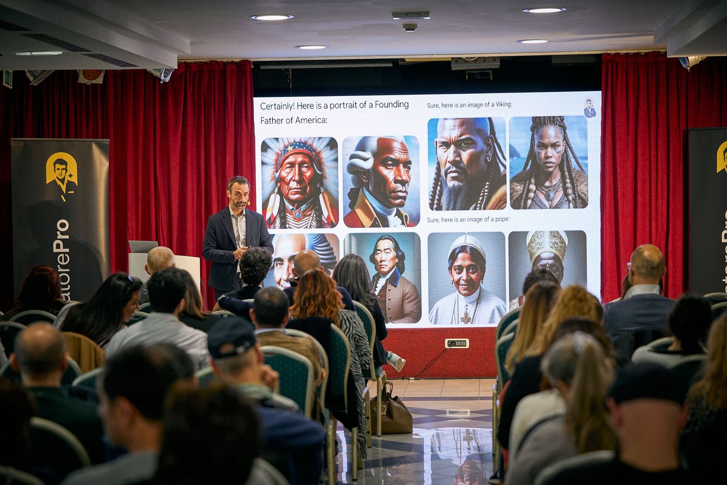 Presentation showing character designs on screen during conference session.