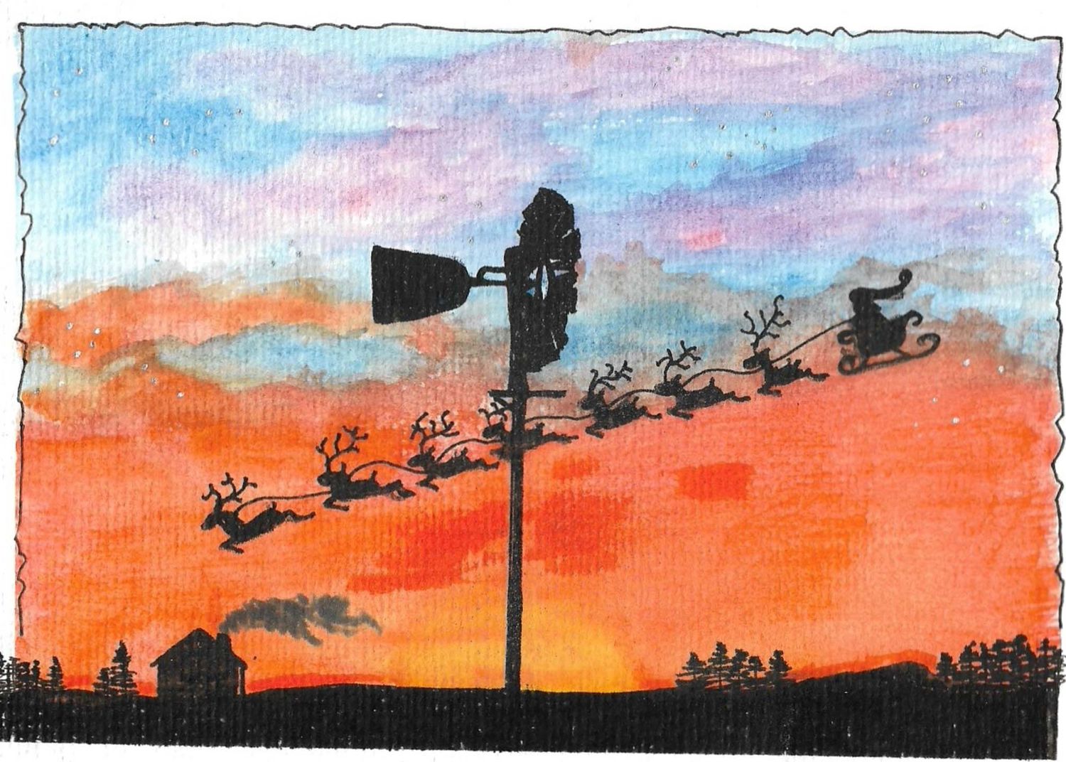 Watercolor landscape showing buildings and trees silhouetted against a vibrant orange sunset sky.