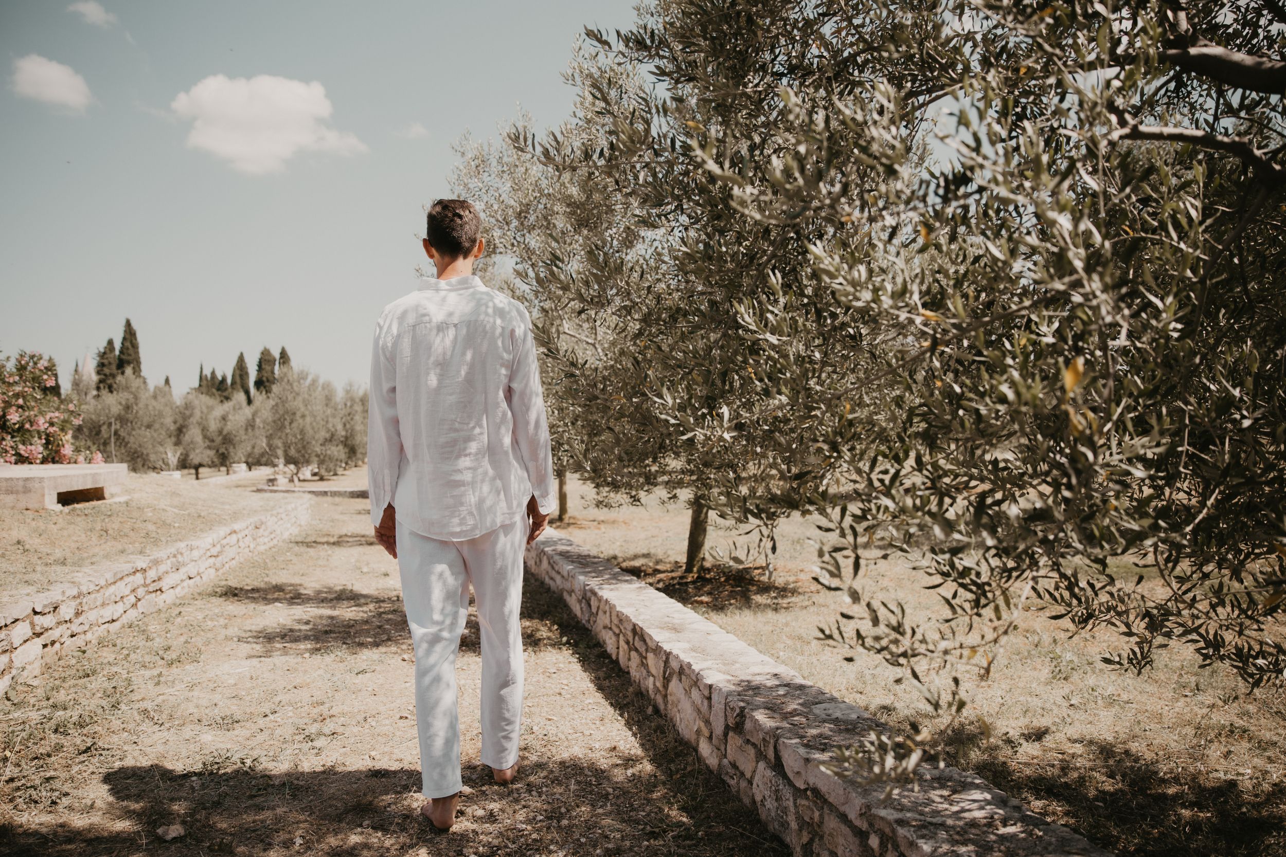 Person in white clothing walks along stone wall path surrounded by olive trees.