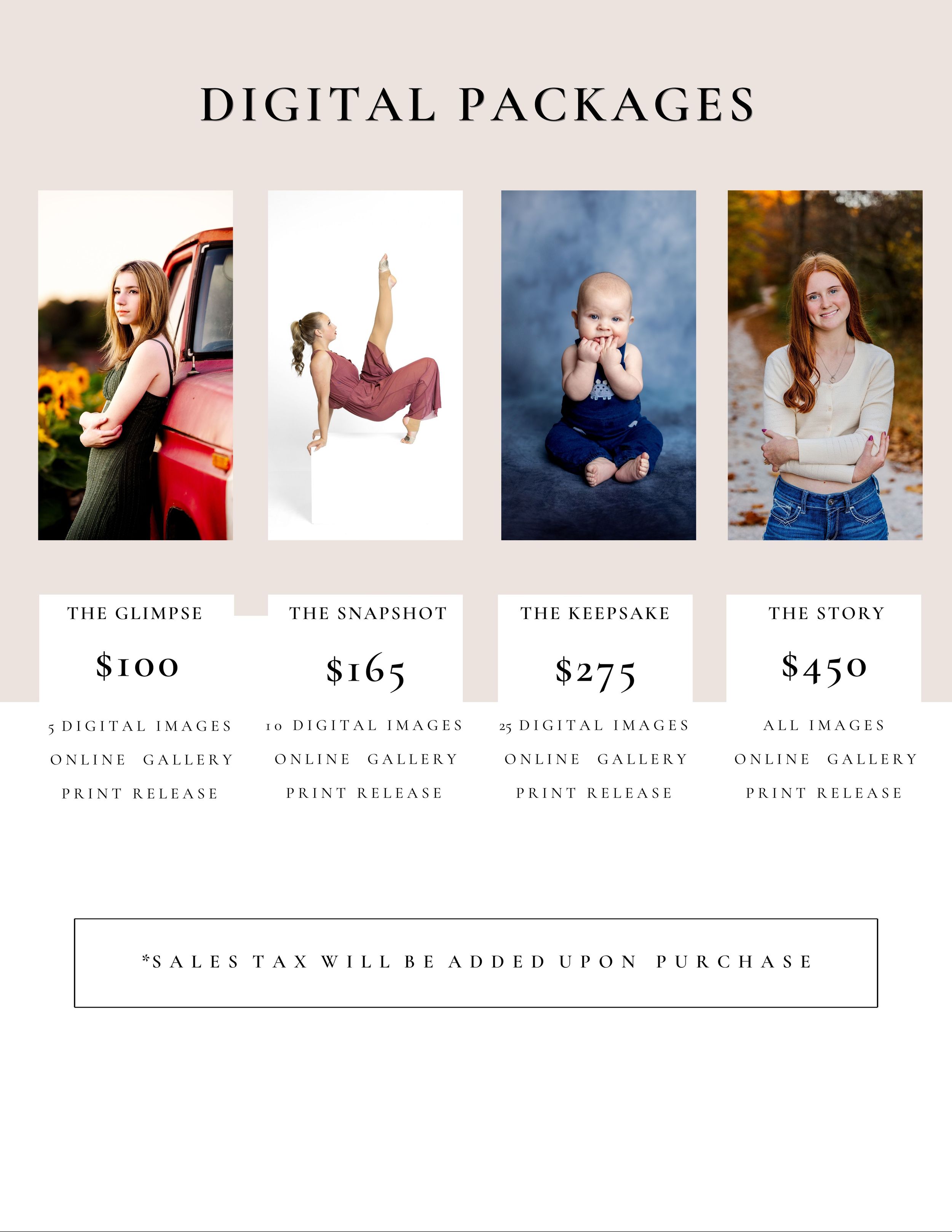 Digital photography packages price list with sample portfolio images and pricing tiers.