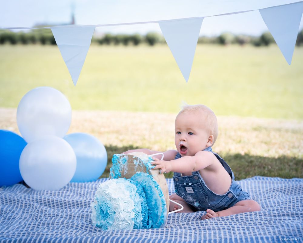 cakesmash photoshoot op buitenlocatie in West Maas en Waal. blauwe decoratie. 
kindje duwt taartje om.