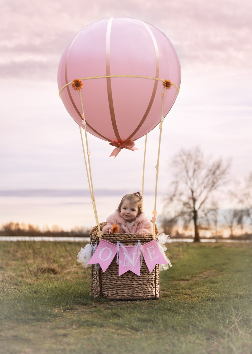 photoshoot voor eerste verjaardag in een luchtballon. fine art stijl. gefotografeerd in een buitengebied in West Maas en Waal,