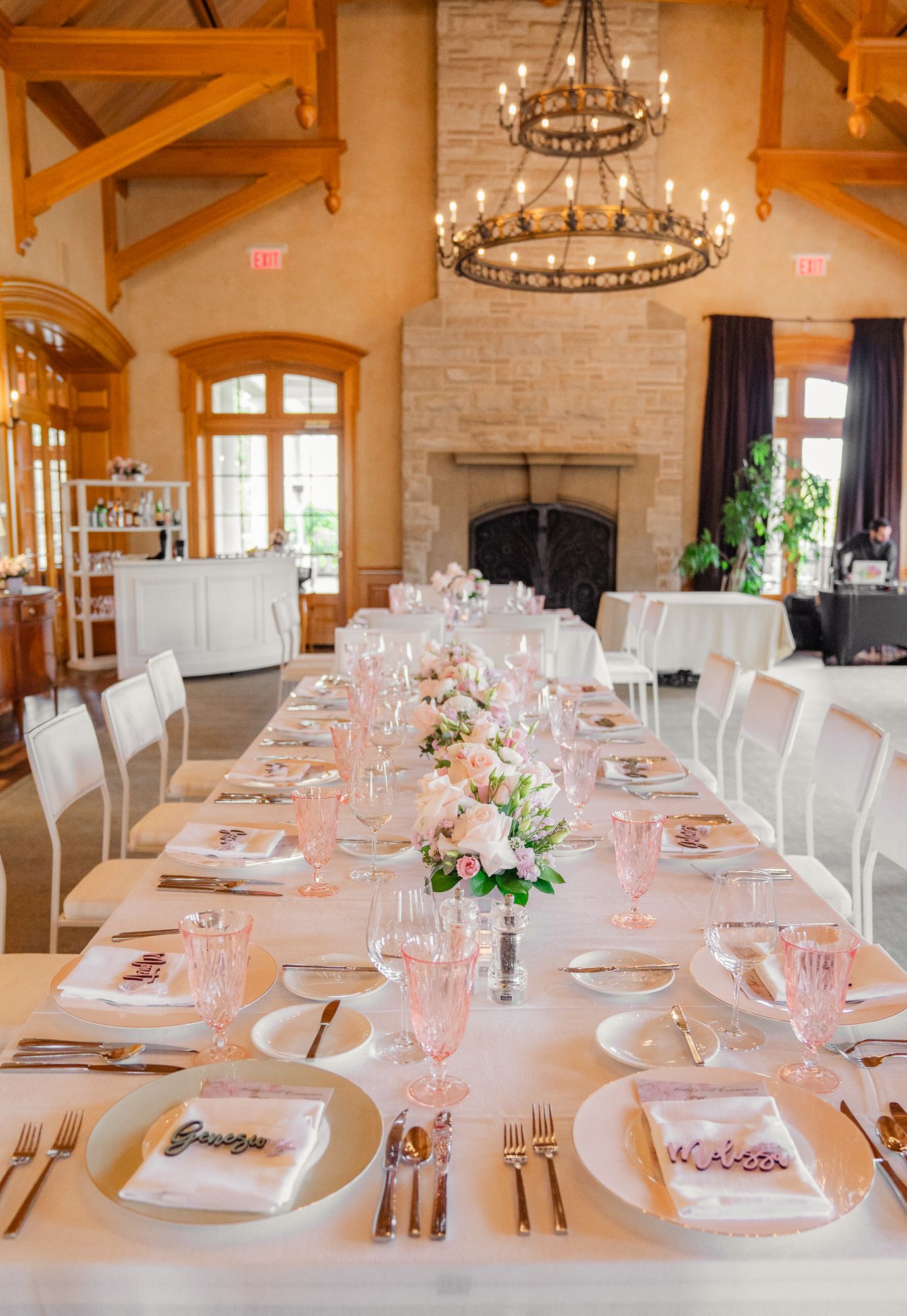 dining table arrangement with the flower centrepieces for the First Communion photography event at Magna golf club