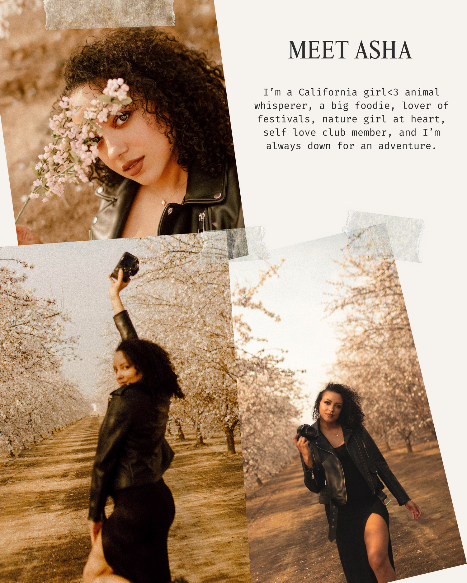 photographer standing in almond blossom field with camera