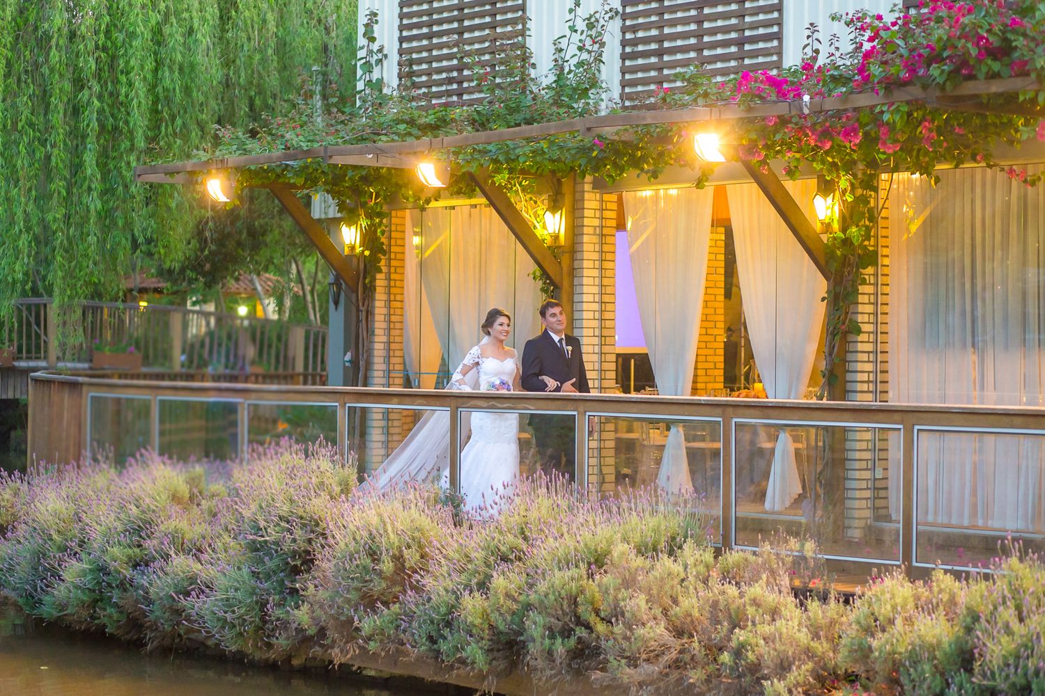 Wedding couple on romantic illuminated terrace with hanging lights and weeping willows.