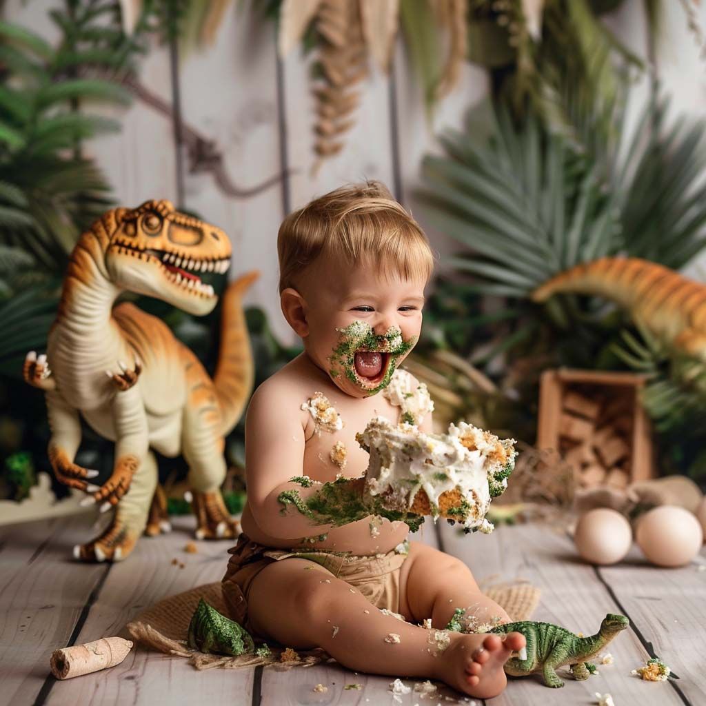 A dinosaur-themed photo shoot with toy T-Rex and cake smash on wooden floor with tropical plants.