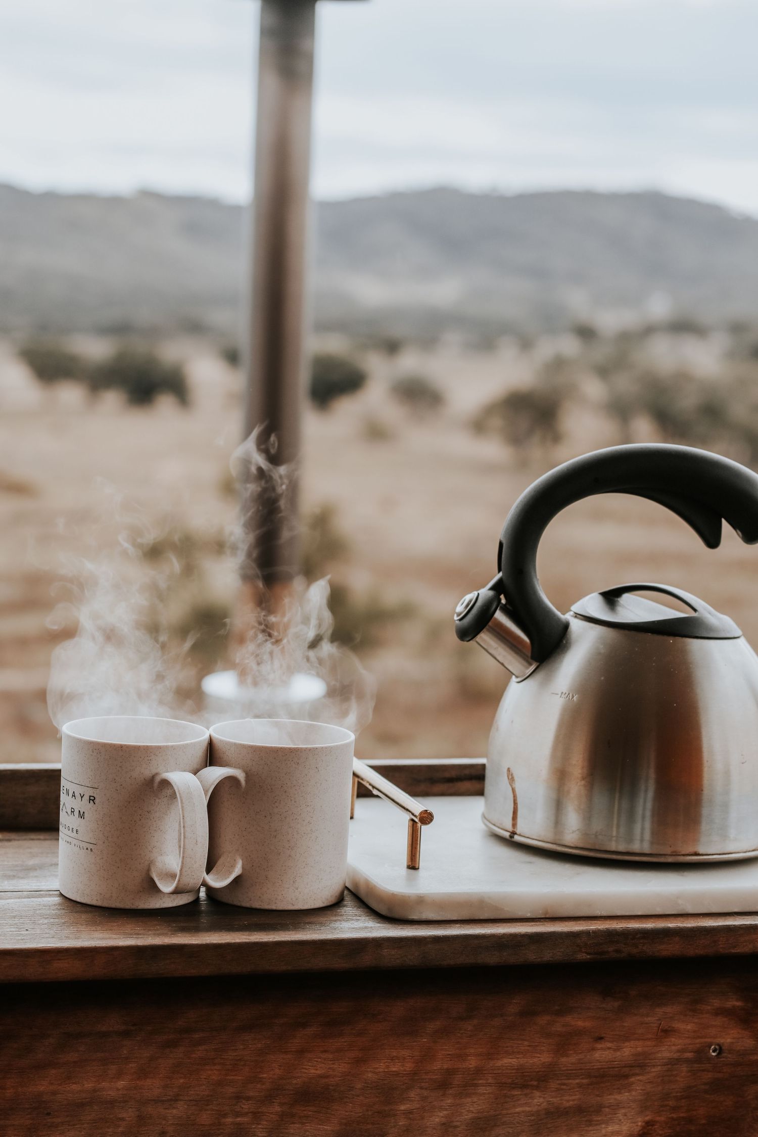 Two steaming mugs beside a stainless steel kettle on a wooden tray with a scenic desert landscape view.