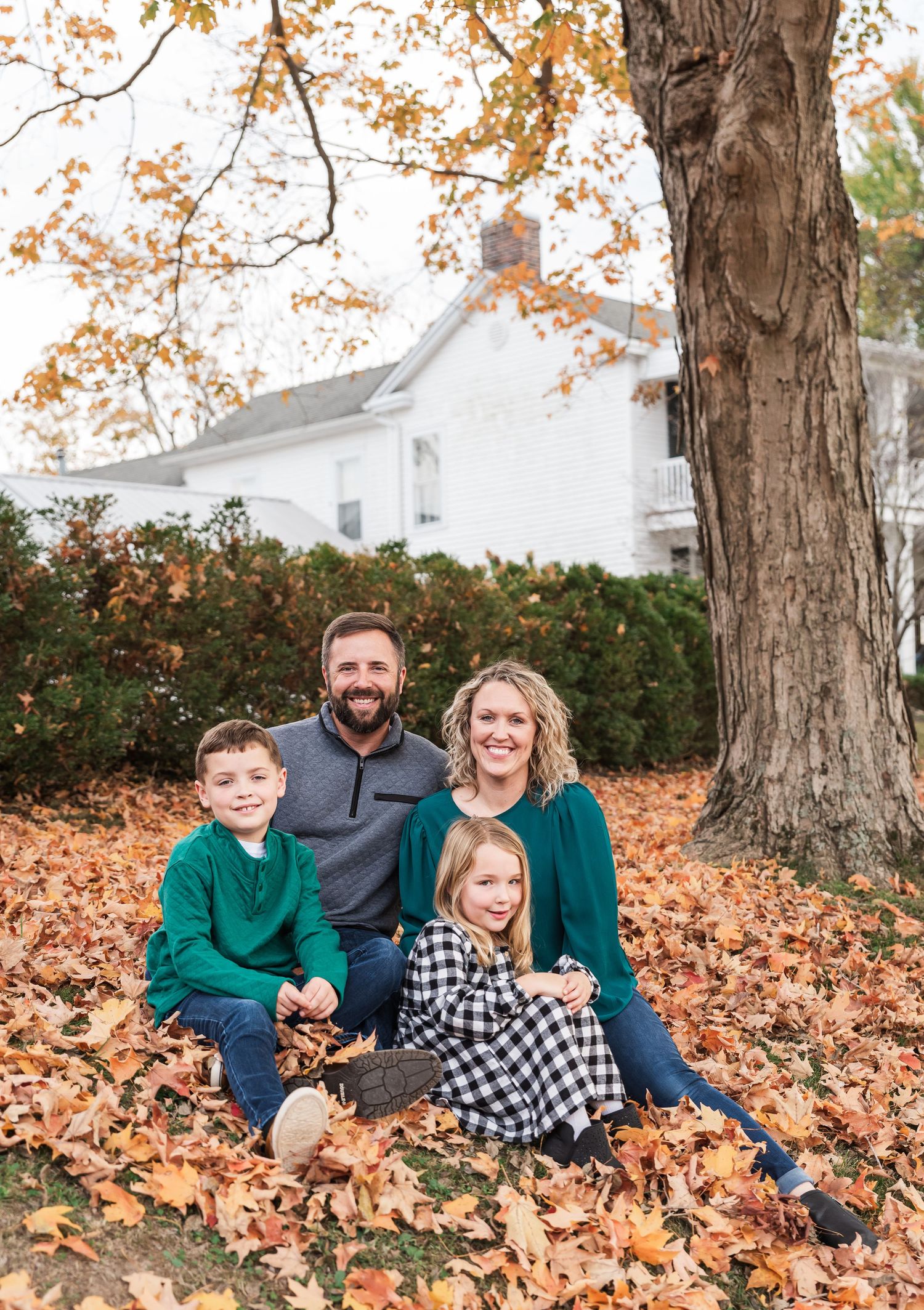 Fall family portrait of a family with young children sitting in the leaves under an old tree