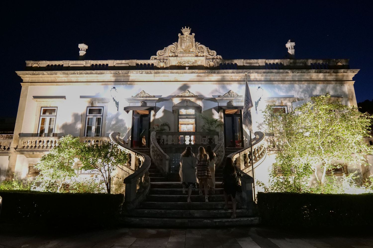 Historic ornate building facade illuminated at night with decorative stonework and grand entrance stairs.