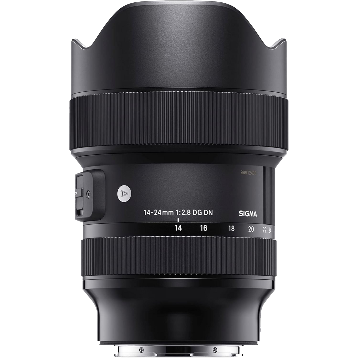 Professional Sigma 14-24mm f/2.8 DG DN wide angle zoom lens for mirrorless cameras with lens hood attached.