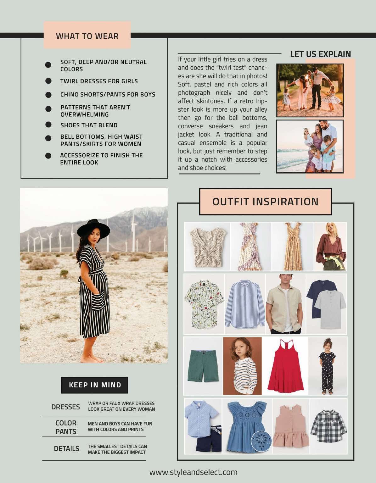 Fashion styling guide with outfit inspiration and clothing recommendations for photo shoots.