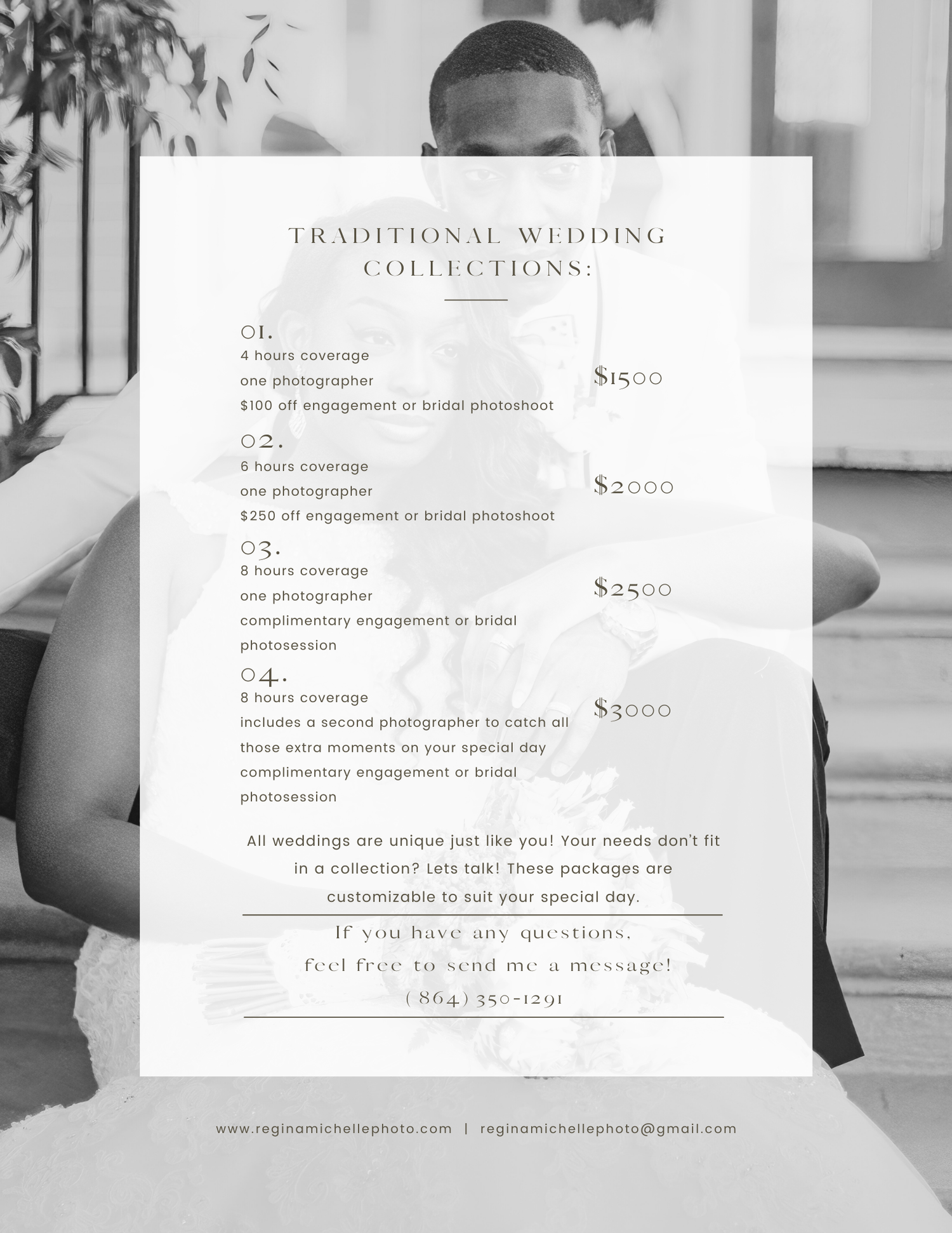 pricing guide for a wedding photographer in greenville south carolina with a bride and groom in black and white