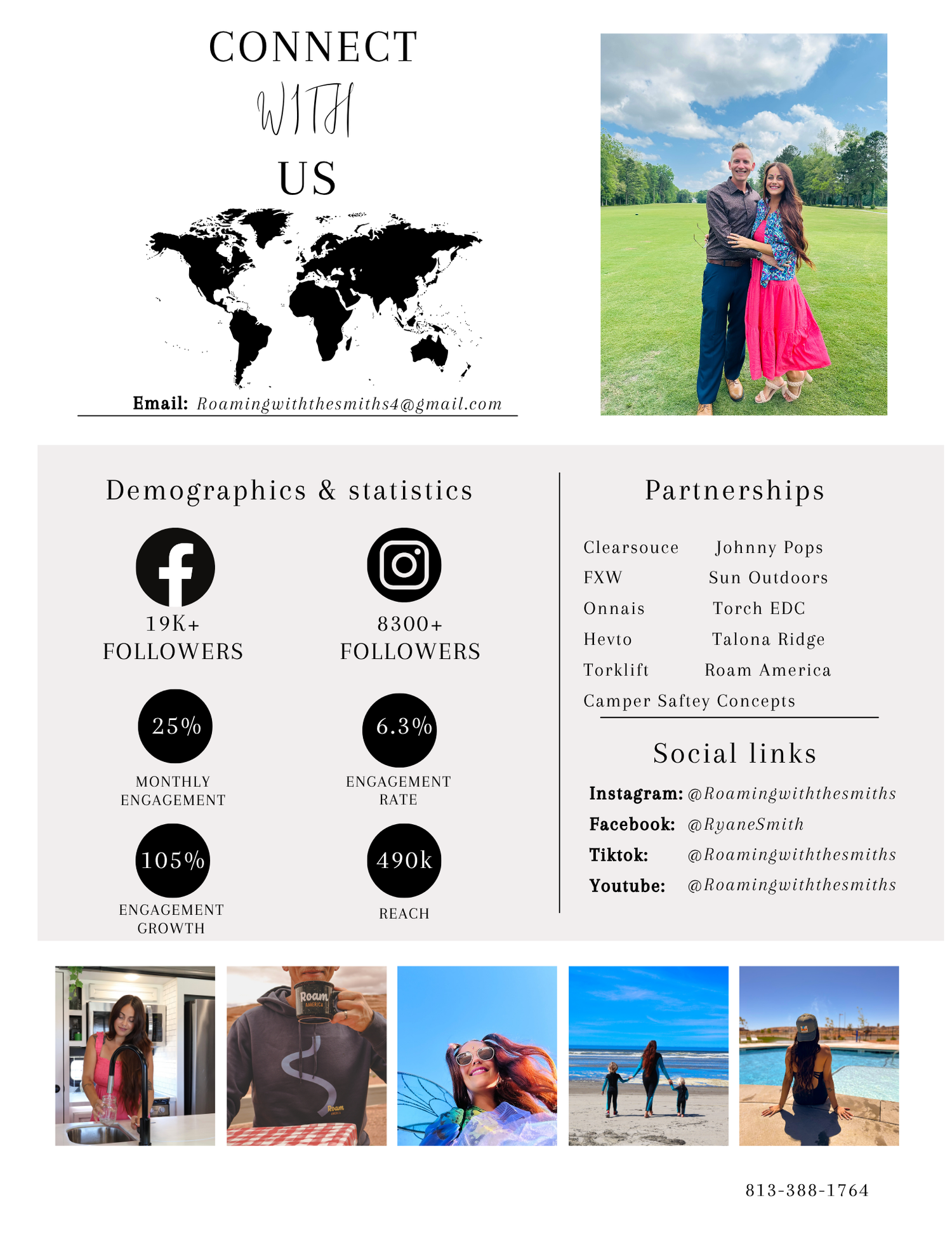 Connect With Us influencer media kit showing demographics with 198k followers, partnerships, and social links for Roaming With the Smiths.
