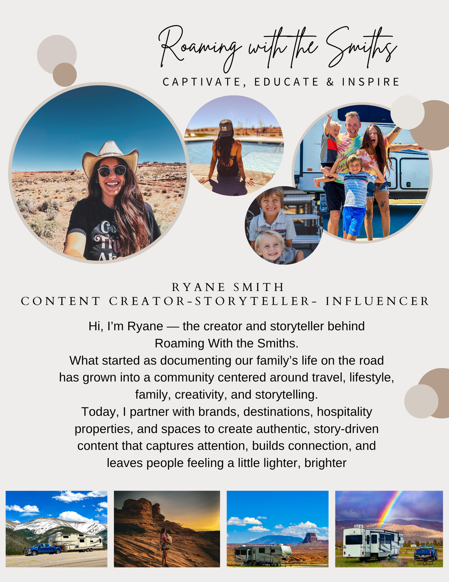 Roaming With the Smiths media kit featuring Ryane Smith, a family travel content creator, storyteller, and influencer.