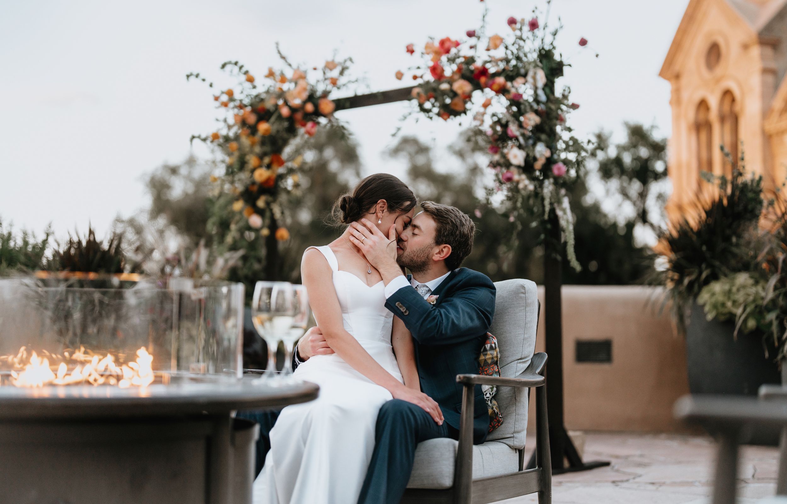 Sunset wedding portrait at La Fonda on the Plaza in Santa Fe, New Mexico