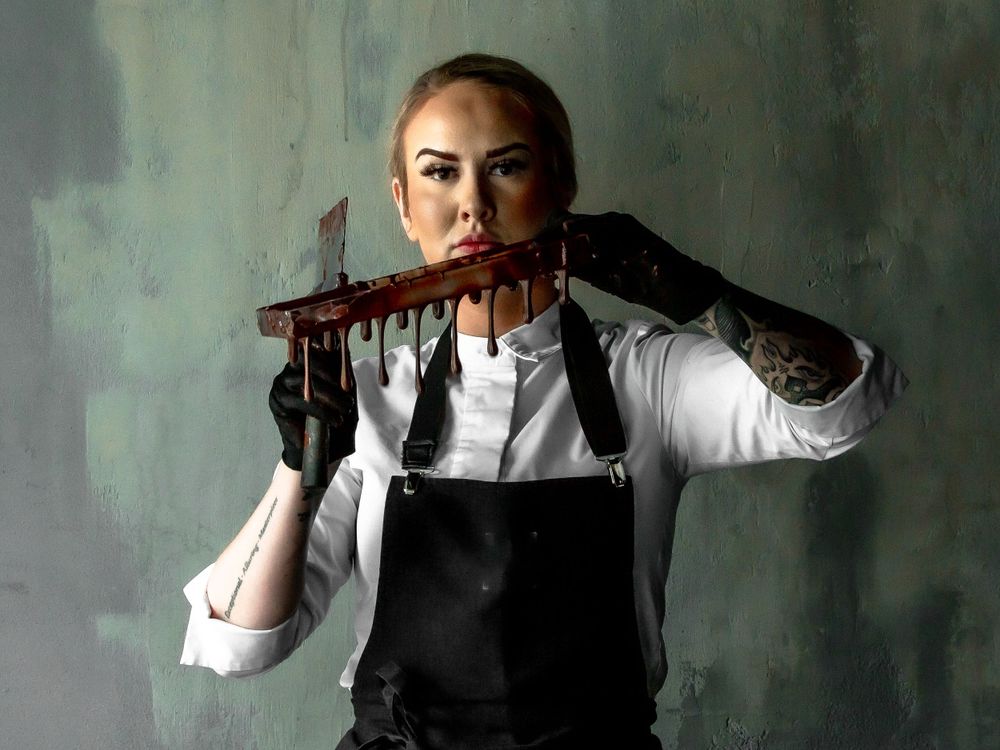 Chicago executive pastry chef Tatum Sinclair pouring chocolate