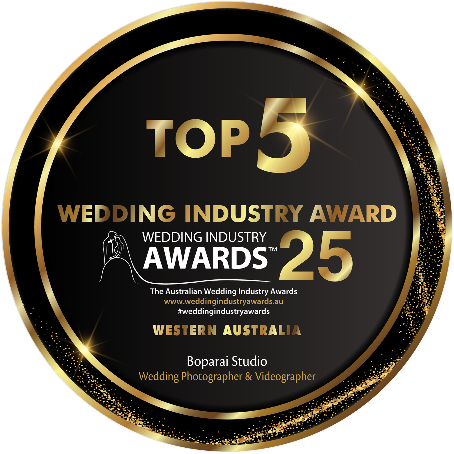 Black and gold circular award badge for Top 10 Wedding Industry Award 2024.