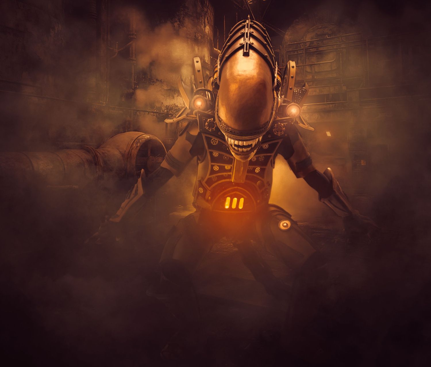 A mysterious figure in an astronaut suit glows with orange light in a dark atmospheric setting.