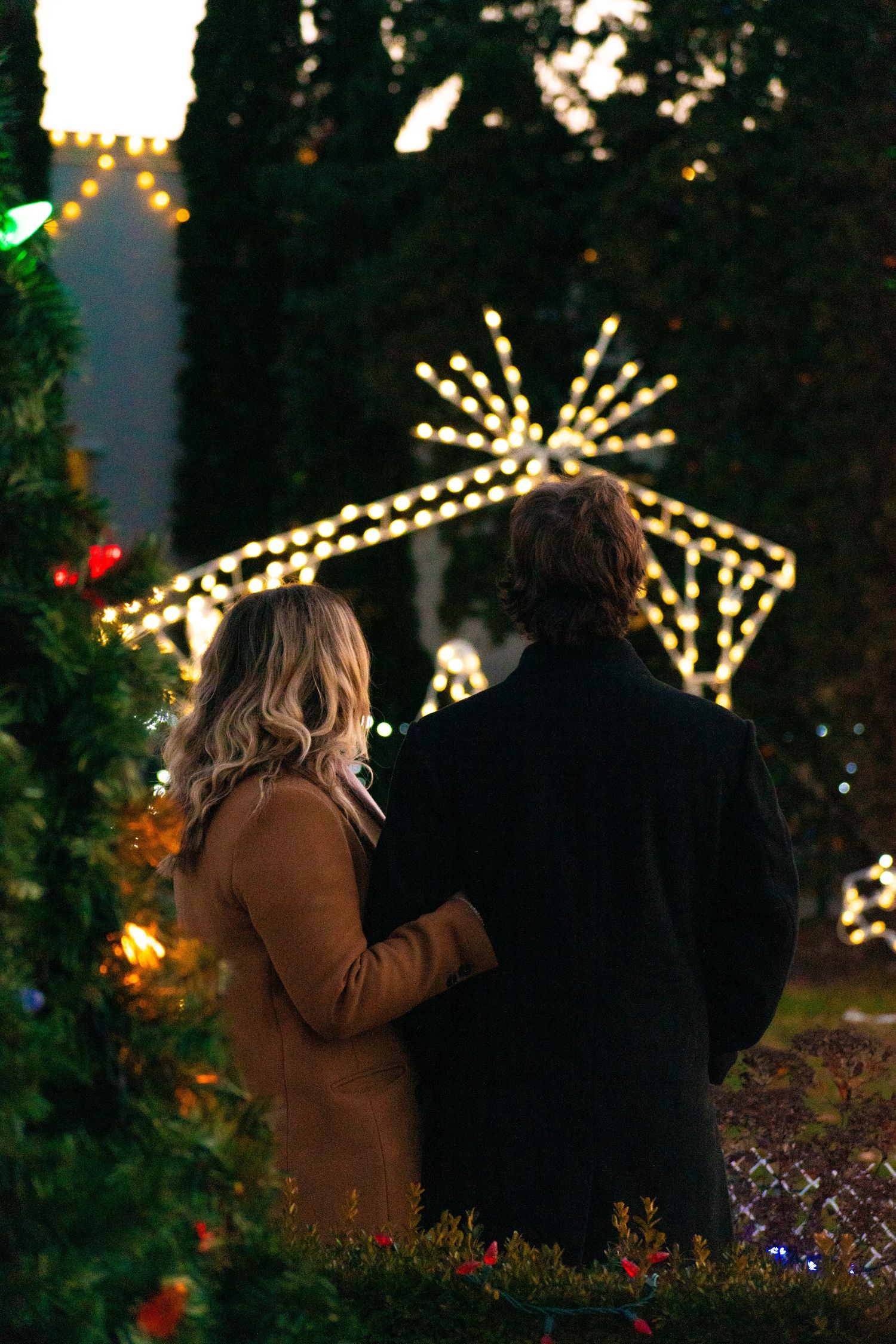 A couple admires illuminated holiday decorations while standing among festive lights.