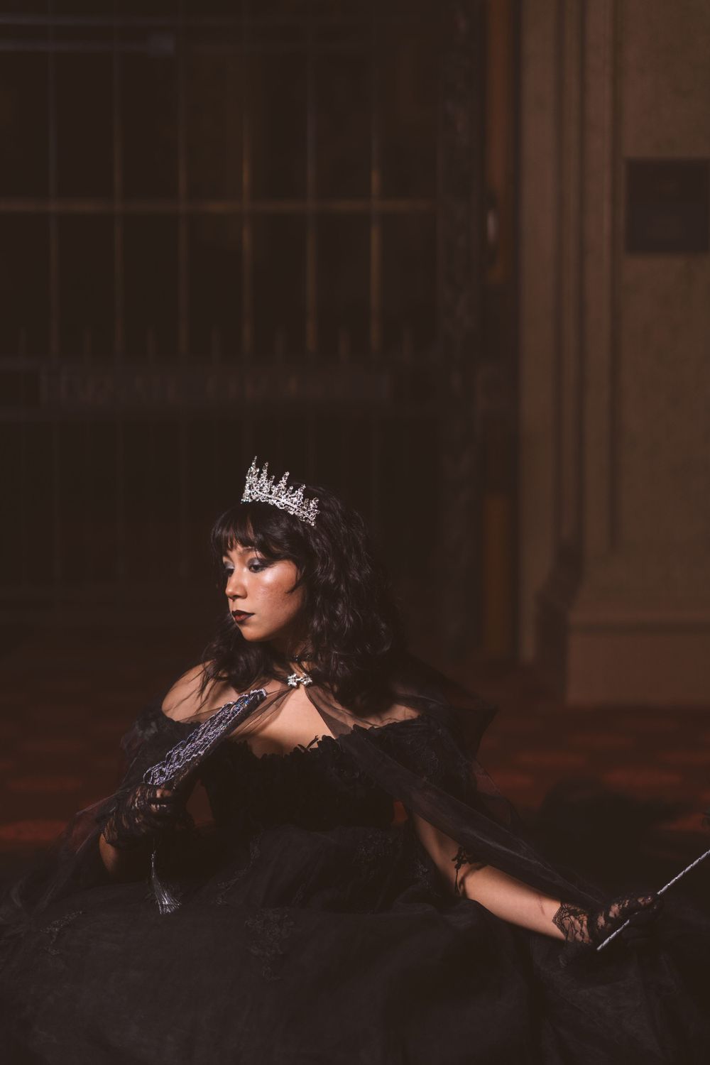 Artistic portrait featuring a black gown and tiara in moody lighting.